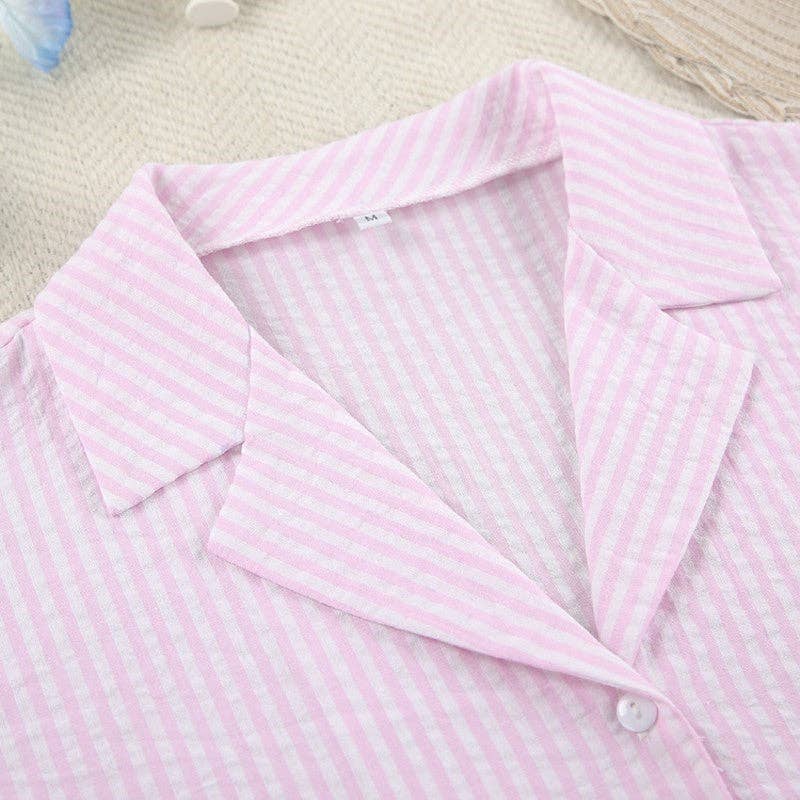 PINK Cozy Striped Pajamas with Delicate Ruffled Edges for wholesale on Faire2