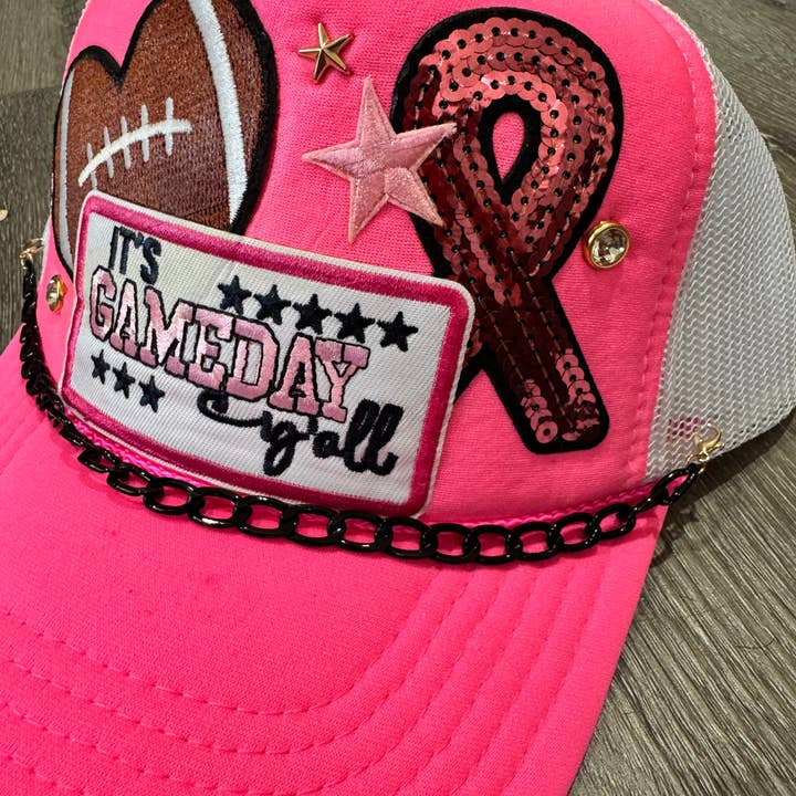 Patchwrx Customs Hat Bar - Wholesale Trucker Hat - Women's - It’s Gameday Y’all Hot Pink Football Breast Cancer Awareness Trucker Hat1