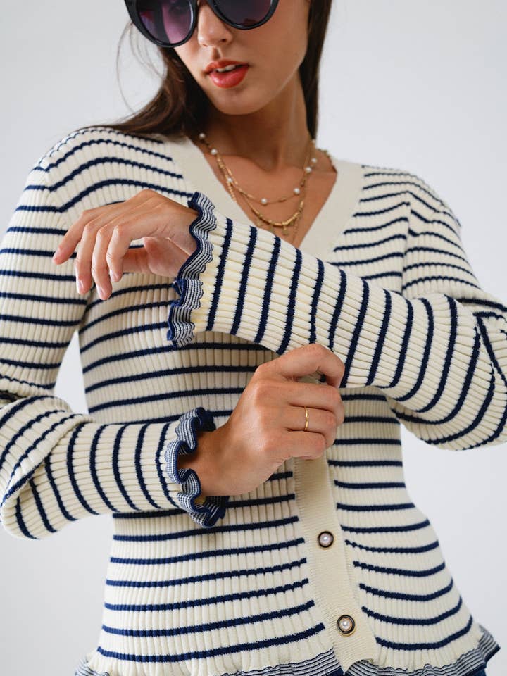 White Striped Cardigan in Cream with Ruffle Trim for wholesale on Faire