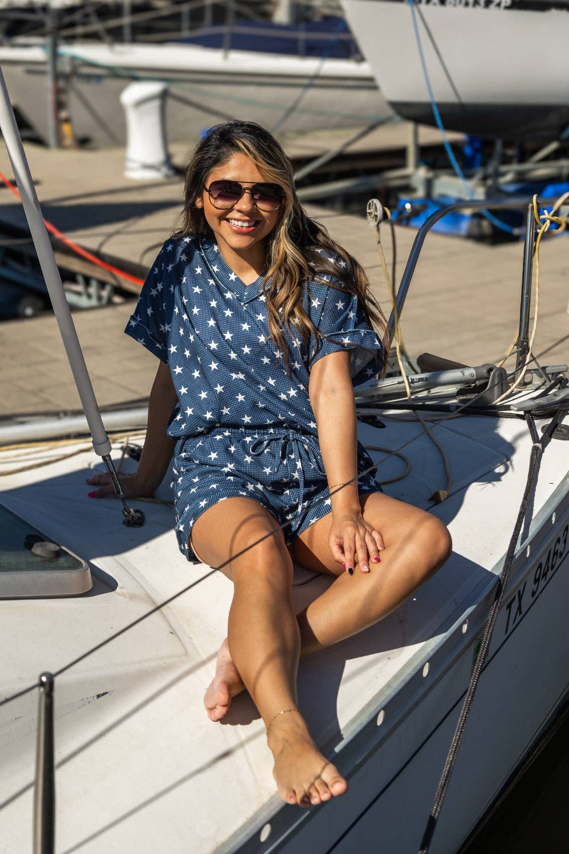 Bleu Le haut en tricot gaufré Lucy Navy Stars en vente sur Faire9