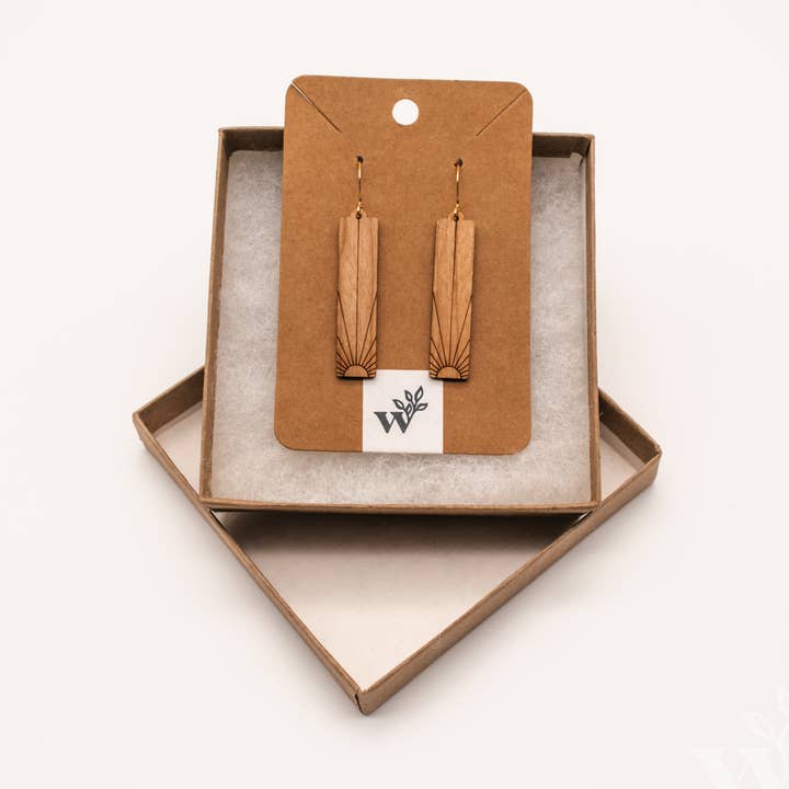 Sun Slab Laser Cut Hardwood Earrings for wholesale by Wildewood Handcrafted Goods