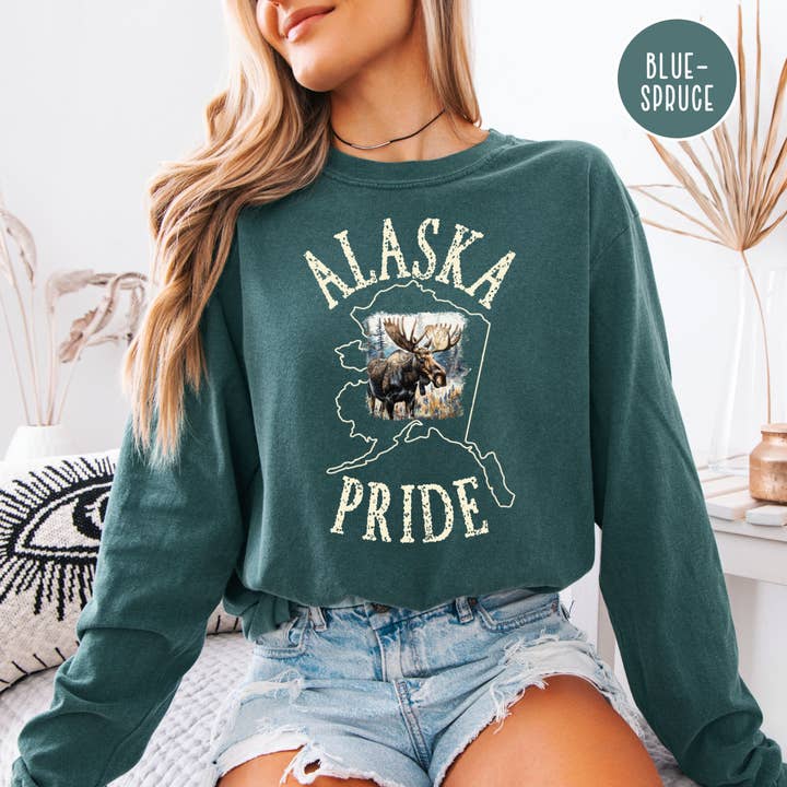Camisola de Manga Comprida Unissexo Adulto Alaska Pride Bull Moose Comfort Colors por atacado de CindyL Boutique