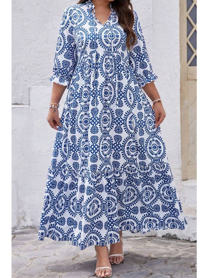 Sky Blue Geometric Print Lace-up Notch Neck Plus Size Maxi Dress for wholesale on Faire