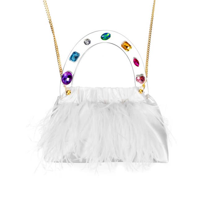 White Diamond-Embellished Feather Bag for wholesale by Milanblocks LLC