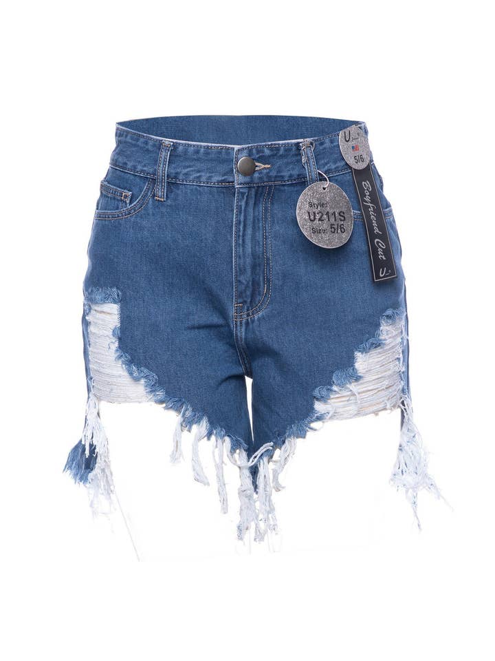 Medium Blue High Waisted Boyfriend Shorts for wholesale on Faire