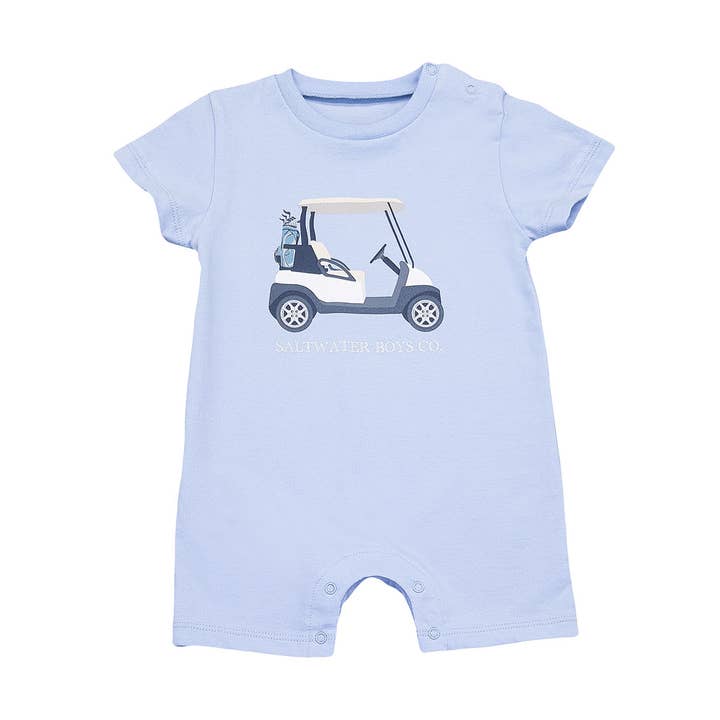 Boys Golf Cart SS Graphic Tee Romper- Blue for wholesale by Saltwater Boys Company
