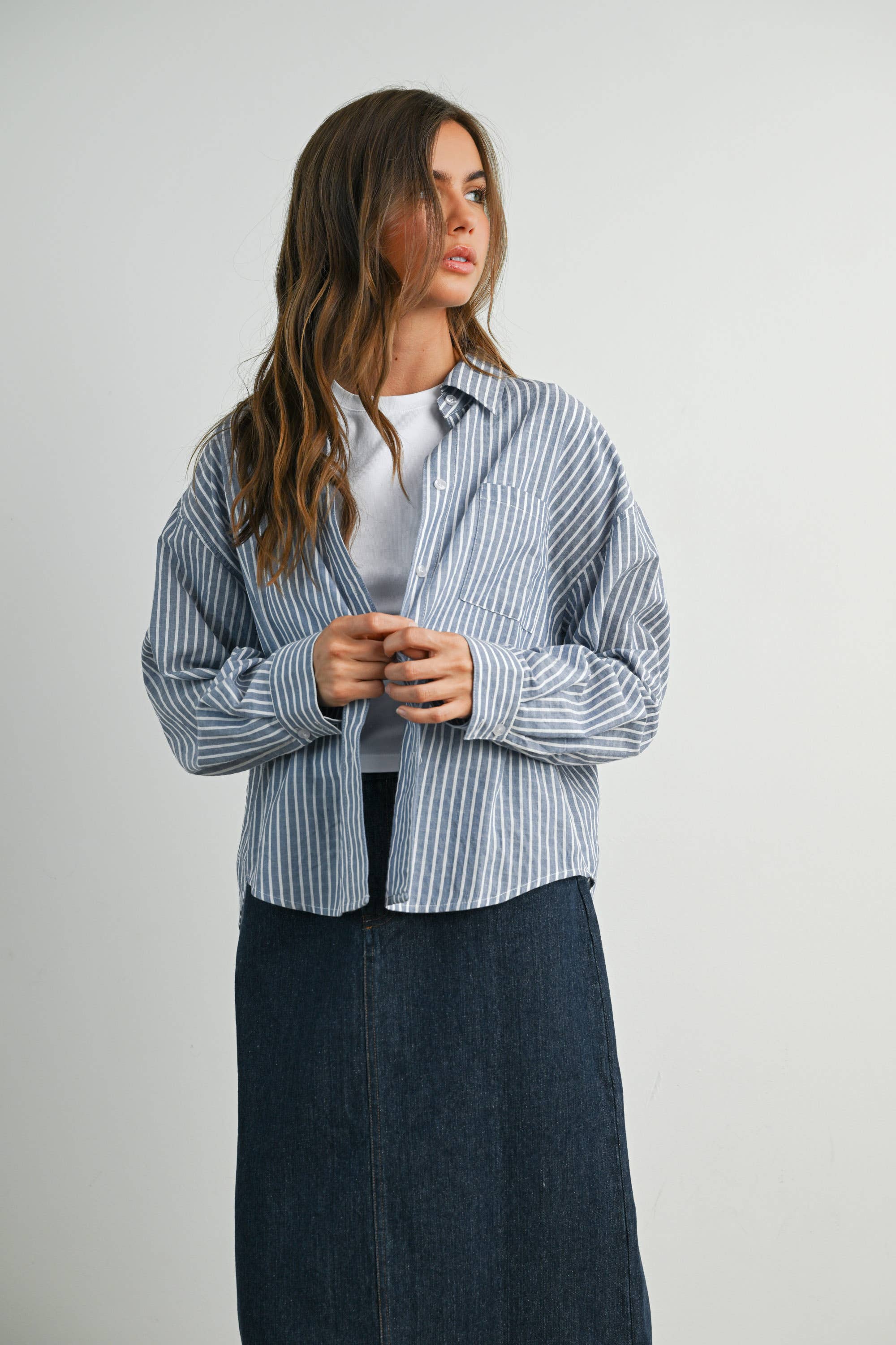 BUTTERMELON - Vente Chemise à col boutonné – femme - Haut à manches longues à rayures et col boutonné raccourci - BMT791527