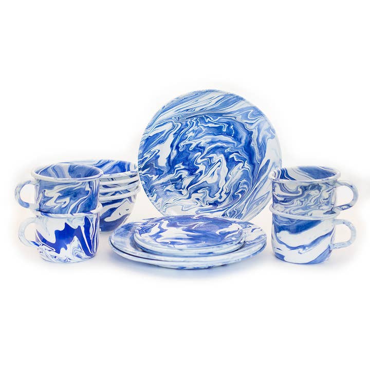Artesano | Home Decor - Wholesale Dinnerware Set - Hand-painted 16 Pieces Enamel Dinnerware Set, Marbled