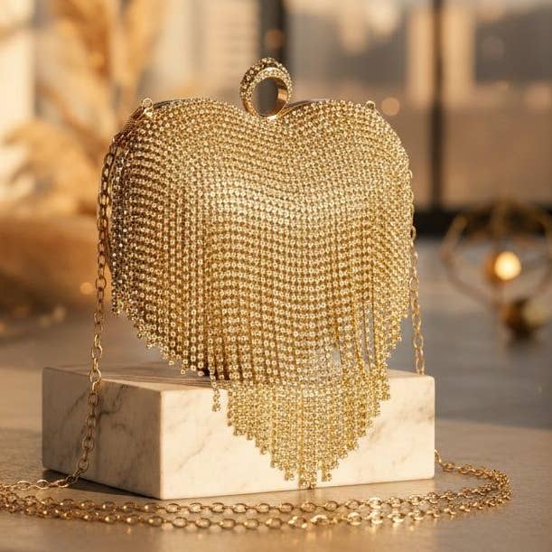 Mala Rígida Coração com Franjas de Strass Dourado por atacado de PinktownUSA