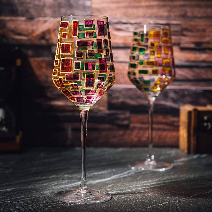 The Wine Savant / Khen Glassware - Vendita all'ingrosso Bicchieri da vino - Set di 2 bicchieri da vino rinascimentali con stelo arcobaleno colorato