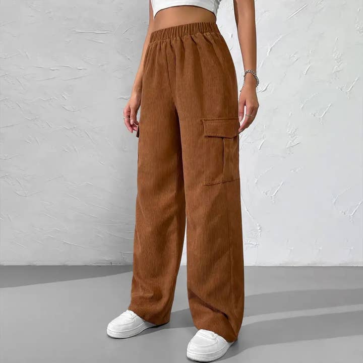 PANTALON DROIT EN VELOURS CÔTELÉ À TAILLE ÉLASTIQUE_CWBLP0451 pour la vente par Lily Clothing