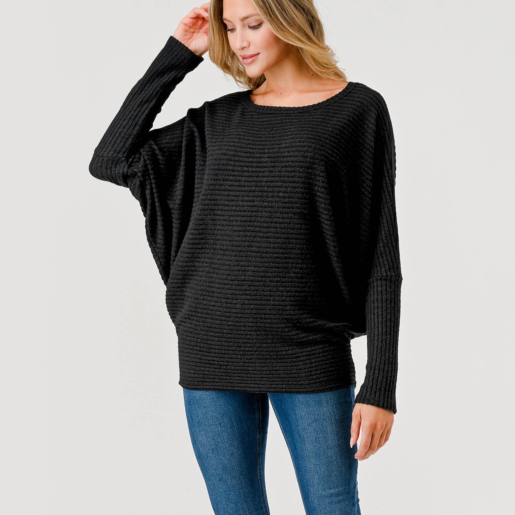 Heimious - Wholesale Knit Top - Women's - Long Dolman Sleeve Wide Rib Brushed Knit Top, T7971