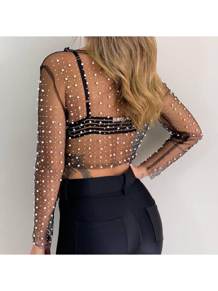 Sweetkama - Wholesale Blouse - Women's - Pearl Rhinestone Studded See Through Mesh Crop Top SKT1976