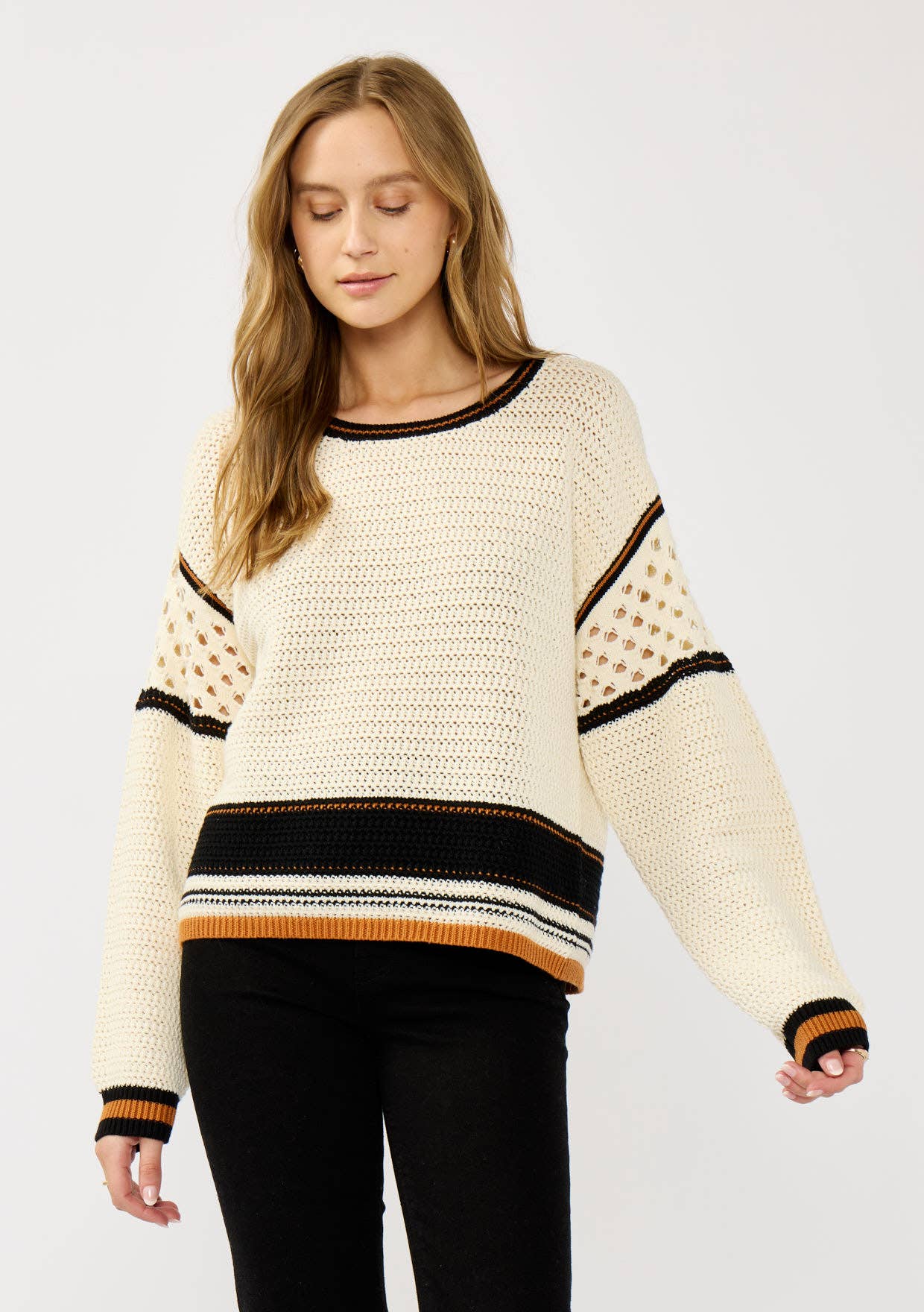 Natural Black Striped Pointelle Round Neck Sweater for wholesale on Faire0