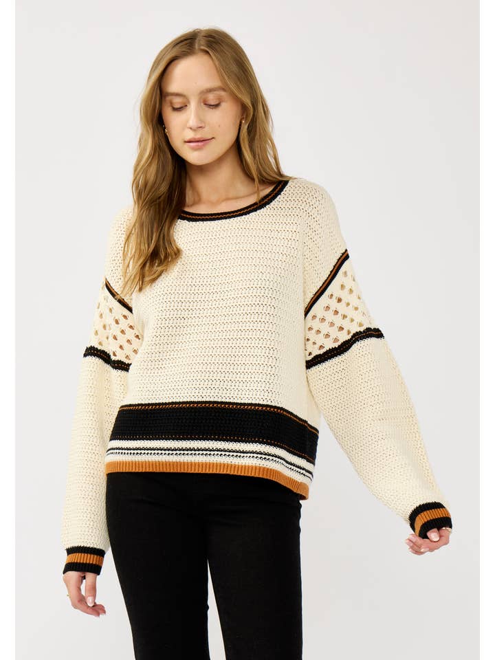 Natural Black Striped Pointelle Round Neck Sweater for wholesale on Faire