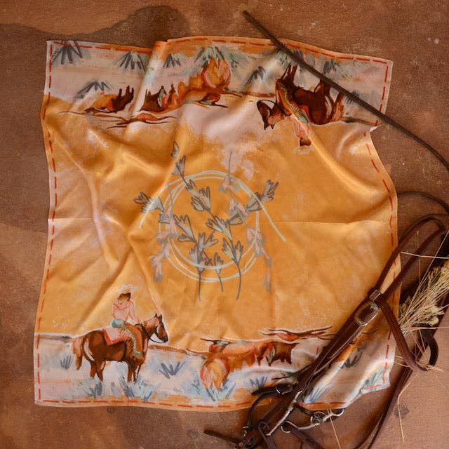 Tirzah Lane Art - Vente Écharpe – femme - Longhorn Open Range : Grand foulard western 100 % soie de mûrier 35x35 Cowgirl Wild Rag