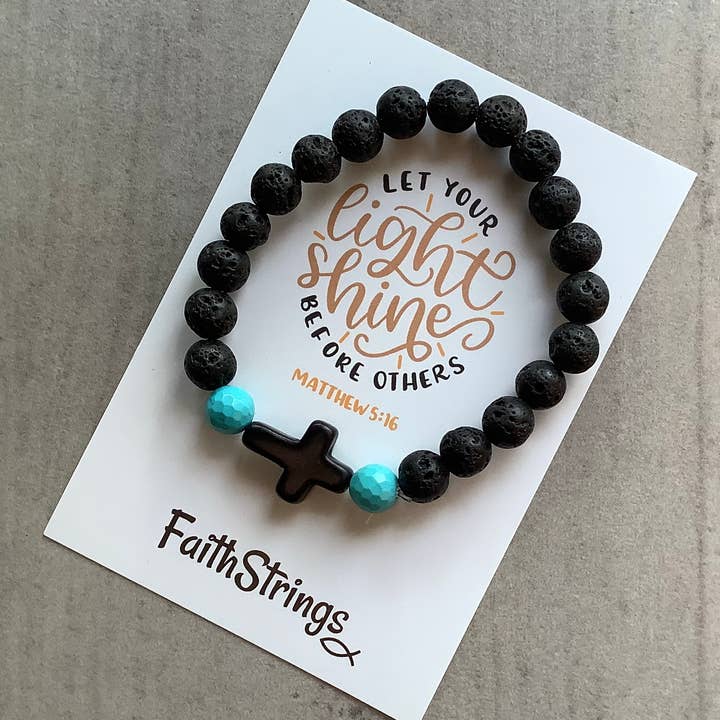 Faithstrings - Wholesale Beaded Bracelet - Christian Gift Lava Bead Bracelet Black Cross Turquoise