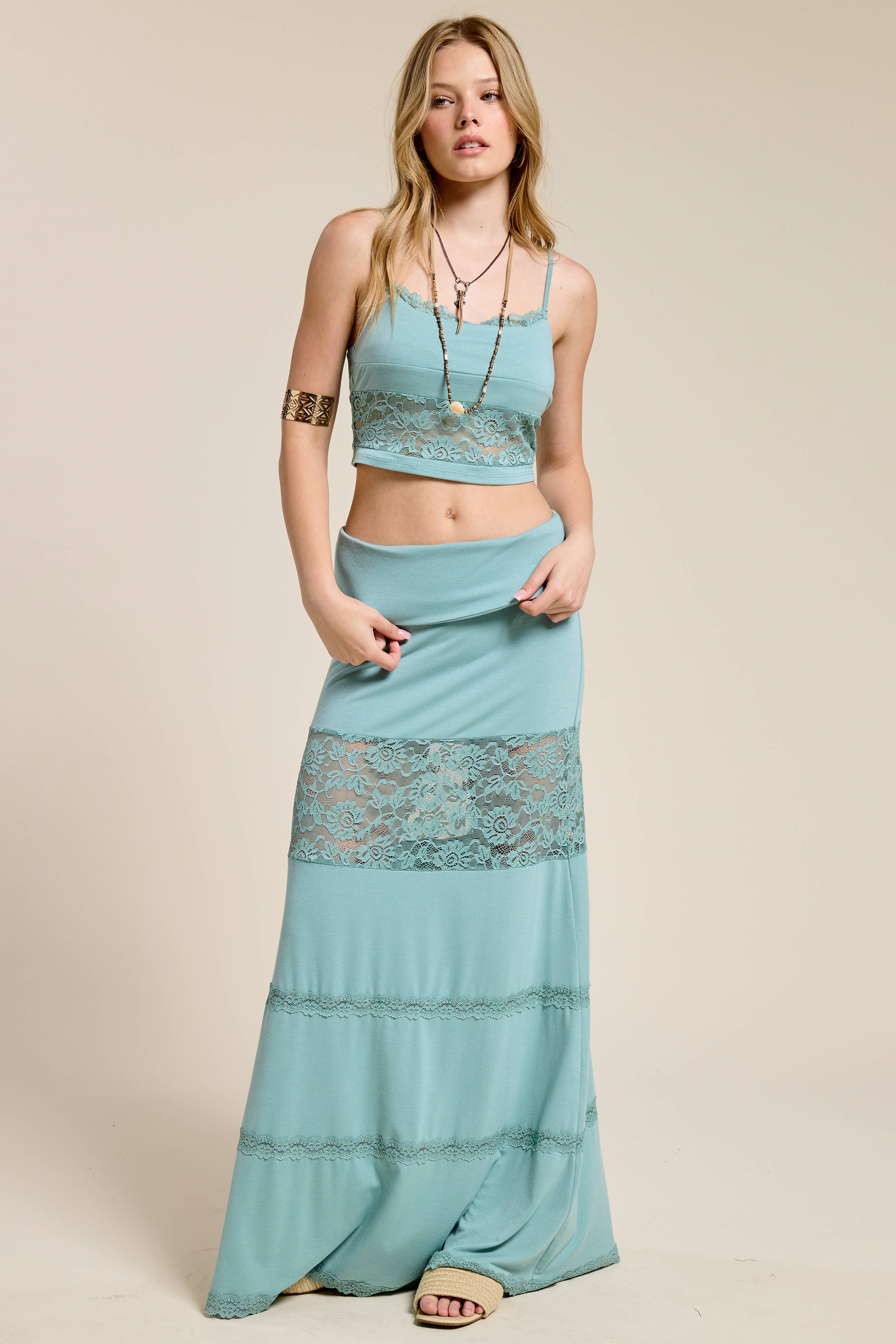 Mimosa - Wholesale Top & Skirt Set - Women's - Lace Contrast Cami and Fold over Maxi Skirt Set8