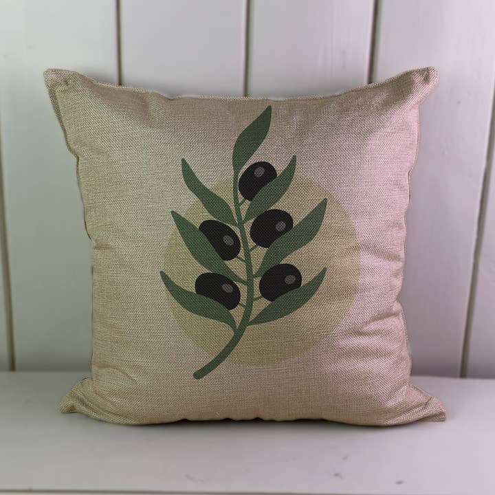 Housse de coussin en lin Olive Branch Lifestyle Art pour la vente par Hills Of Fabric
