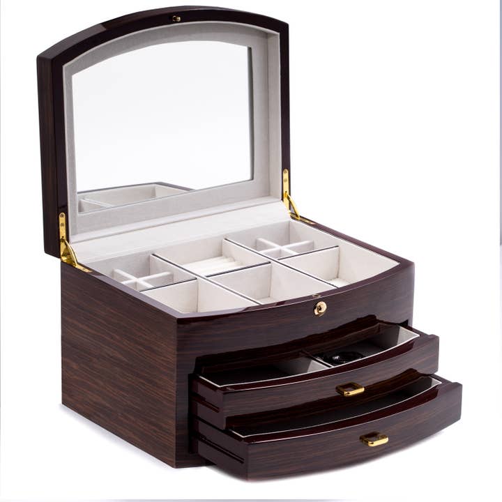 BeyBerk International - Wholesale Jewelry Box/Organizer - Lacquered Ebony "Zebra" Wood Jewelry Box