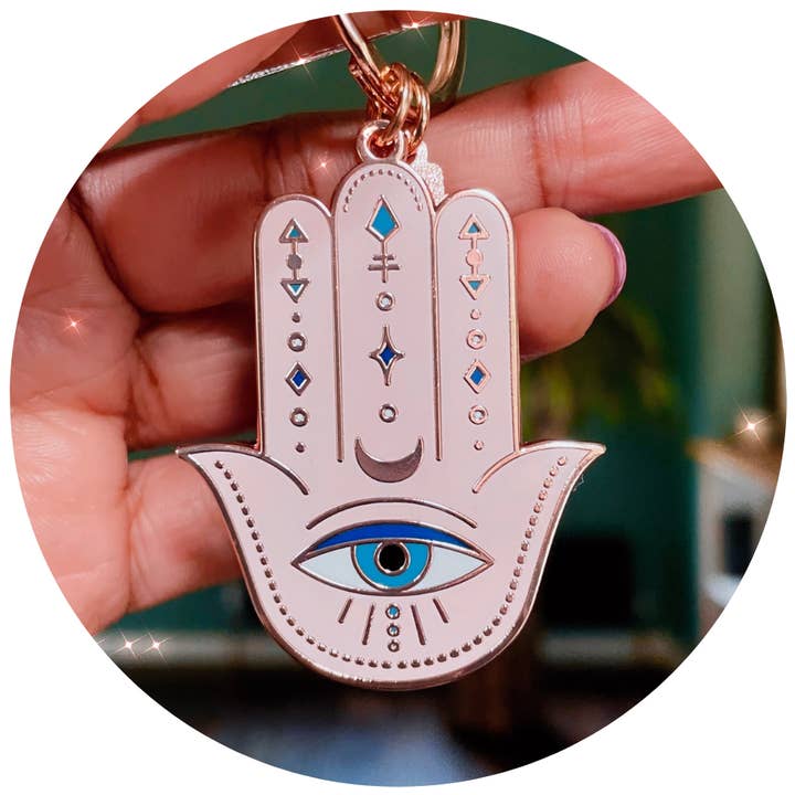 HAMSA DOUBLE-SIDED ENAMEL KEYCHAIN, ROSE GOLD, TURQUOISE & PINK for wholesale by CLEOMAGICK