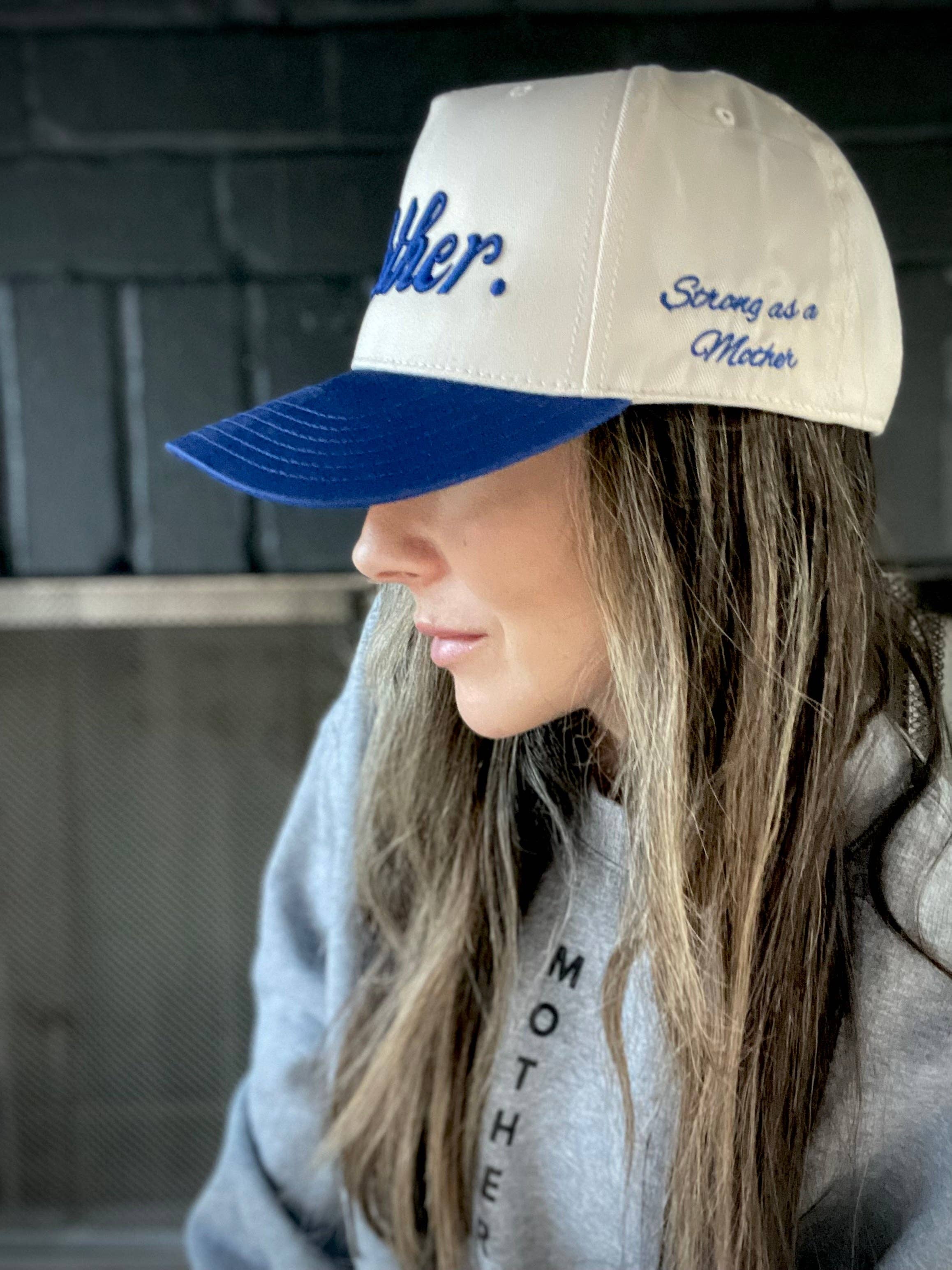 Strong as a Mother® Canvas Hat - Natural/Royal Blue for wholesale on Faire2