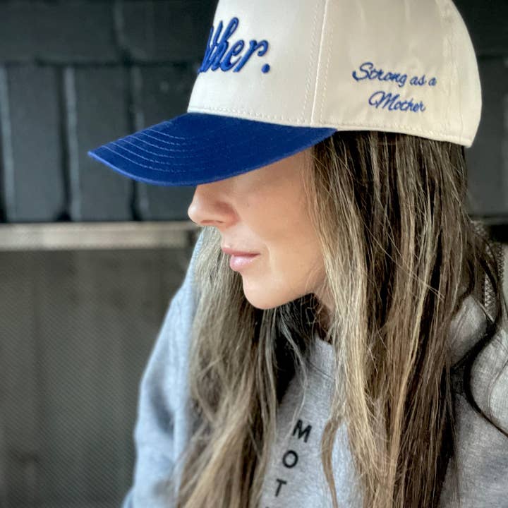 Strong as a Mother® Canvas Hat - Natural/Royal Blue for wholesale on Faire2