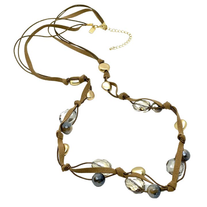 Blue Cream Tigers Eye and Champagne Crystal Long Necklace on Bronze Linen and Leather for wholesale by Deborah Grivas Designs