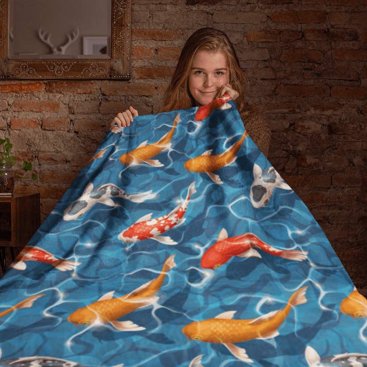 Japanese Koi Fish Pond Sherpa Fleece Blanket, Fluffy Faux Fur Blue Throw Blanket, Warm Soft Winter Blanket for wholesale by daintyduvet