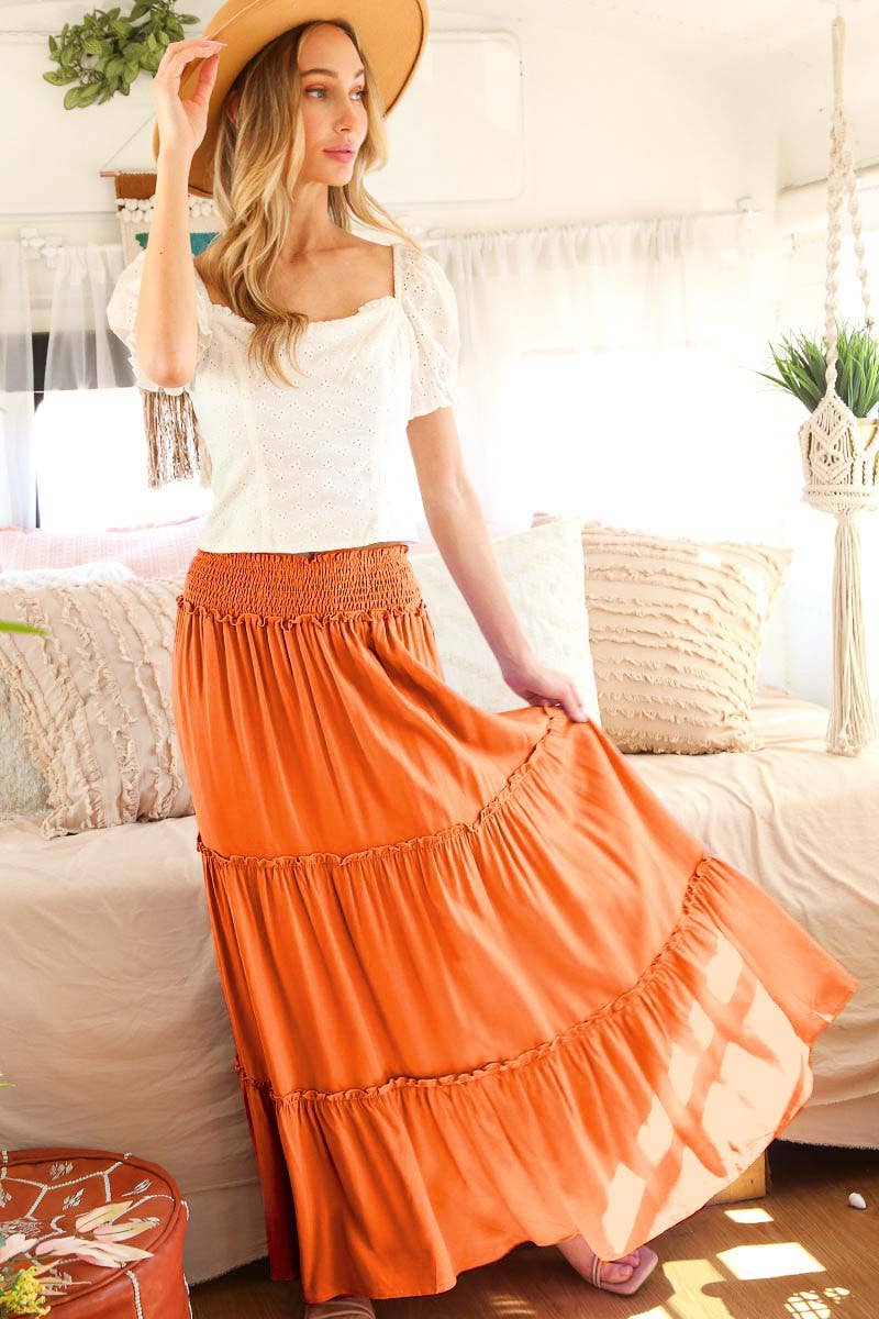 Vine & Love - Wholesale Skirt - Women's - Smocked Waisted Flowy Tiered Boho Maxi Skirts VS7305315