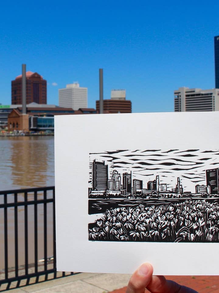 Toledo Skyline Linoleum Print for wholesale by KatieMcKDesigns