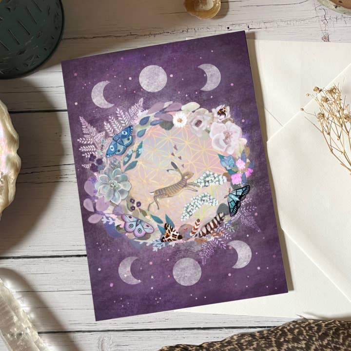 Glitter and Earth - Wholesale Everyday Greeting Card - Purple moon phase hare0