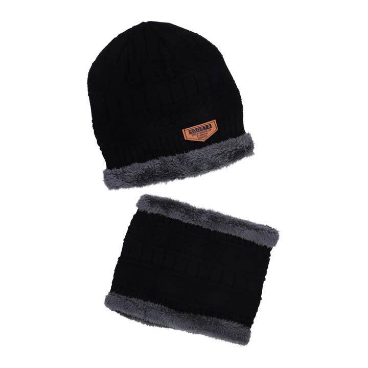 ASSORTED Dark Neutral Cable Knitted Fur Beanie Scarf - 2 Piece Set for wholesale on Faire1