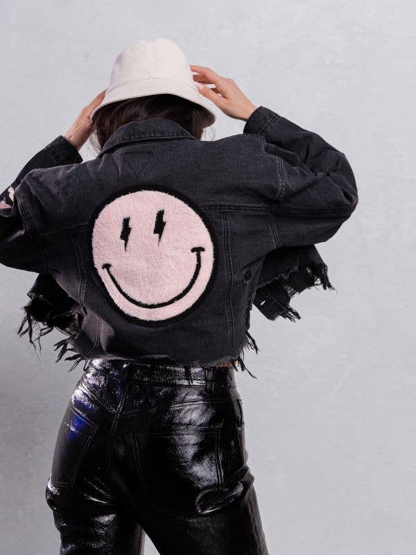 Trio Urban - Vente Veste en jean – femme - Veste courte en jean rose Smiley Face14