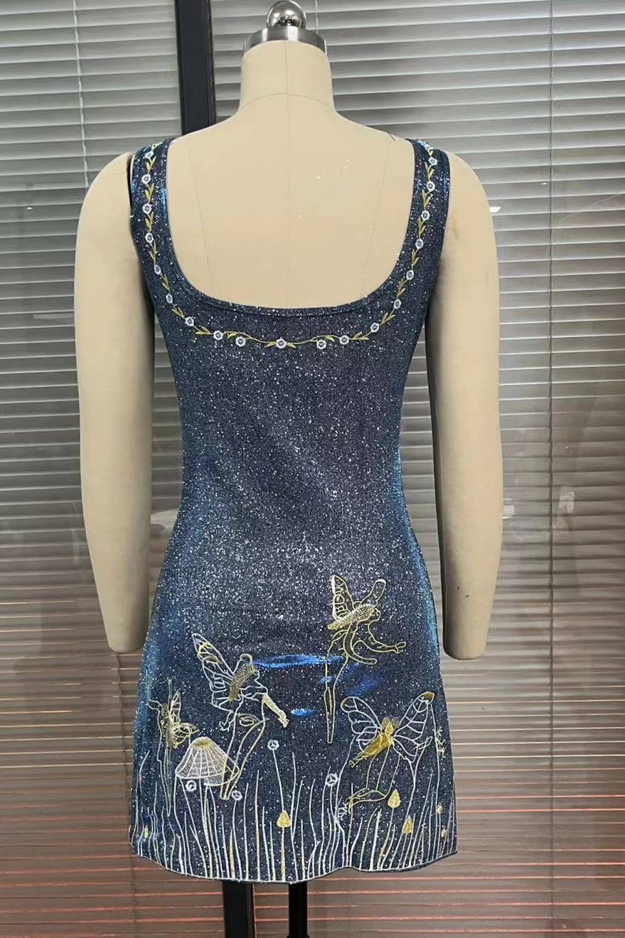 Blue Sun Goddess Fairy Embroidered Crystal Strap Mini Dress for wholesale on Faire1