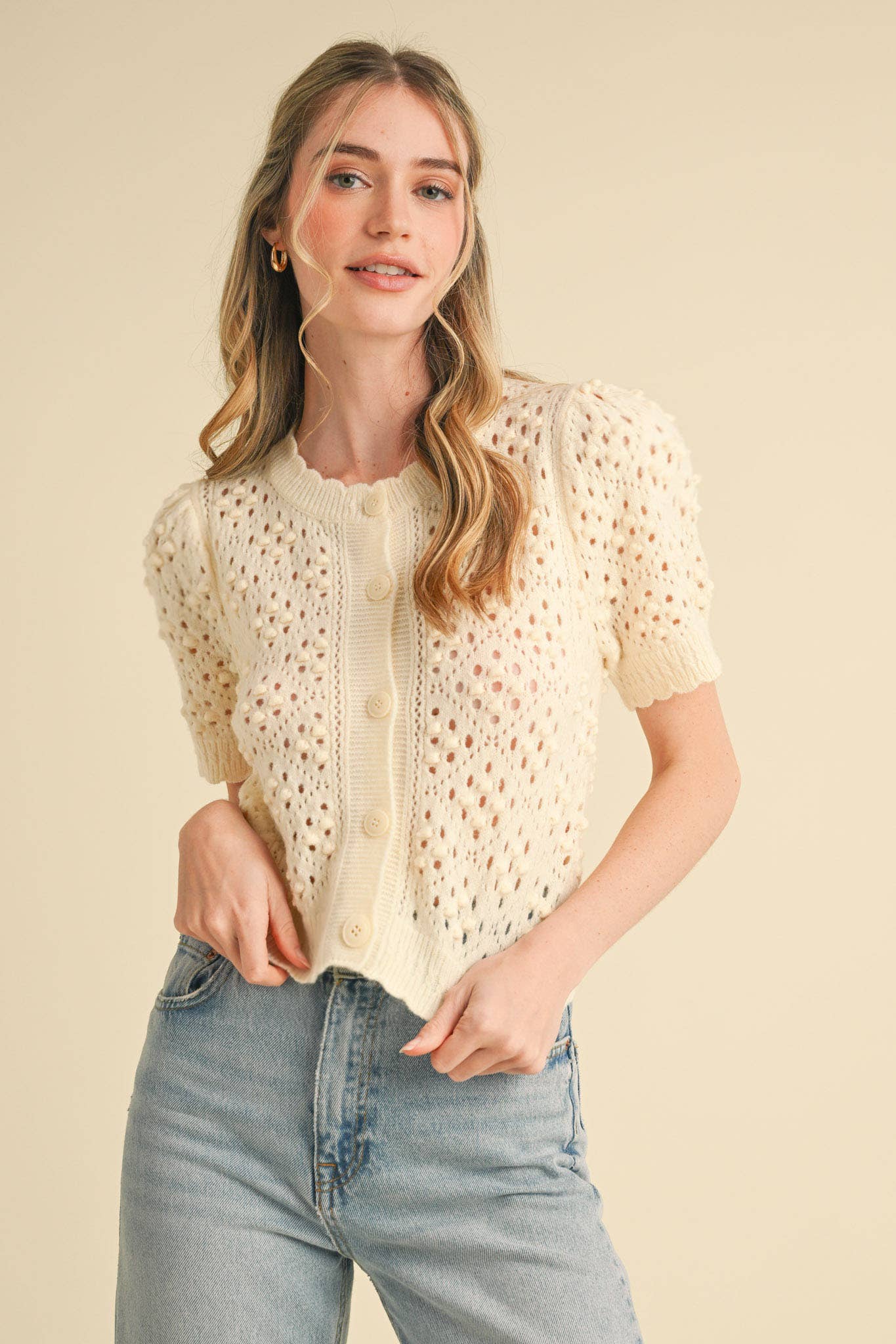 &MERCI - Wholesale Cardigan - Women's - CROPPED POINTELLE BUTTON DOWN SWEATER CARDIGAN MSW108576