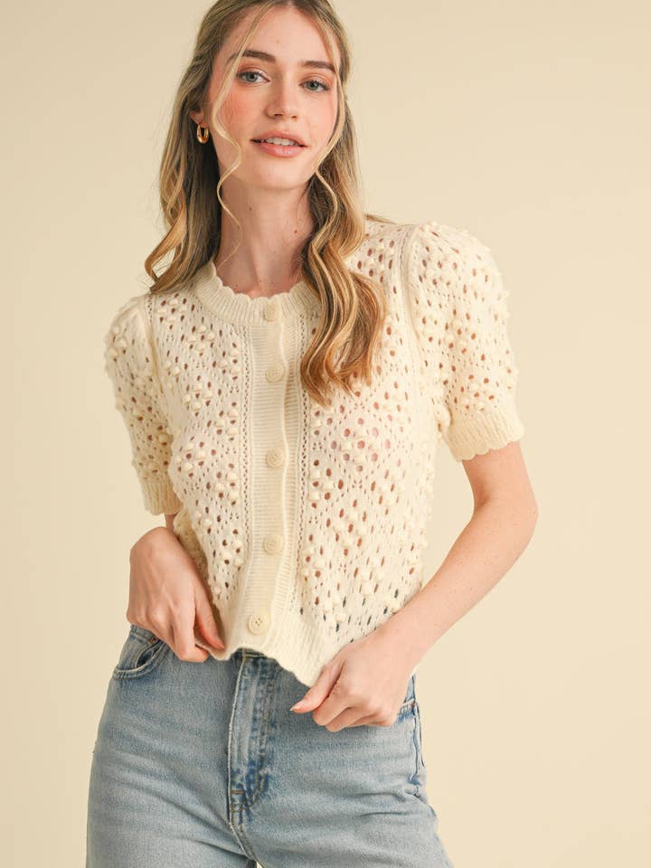 &MERCI - Wholesale Cardigan - Women's - CROPPED POINTELLE BUTTON DOWN SWEATER CARDIGAN MSW108576