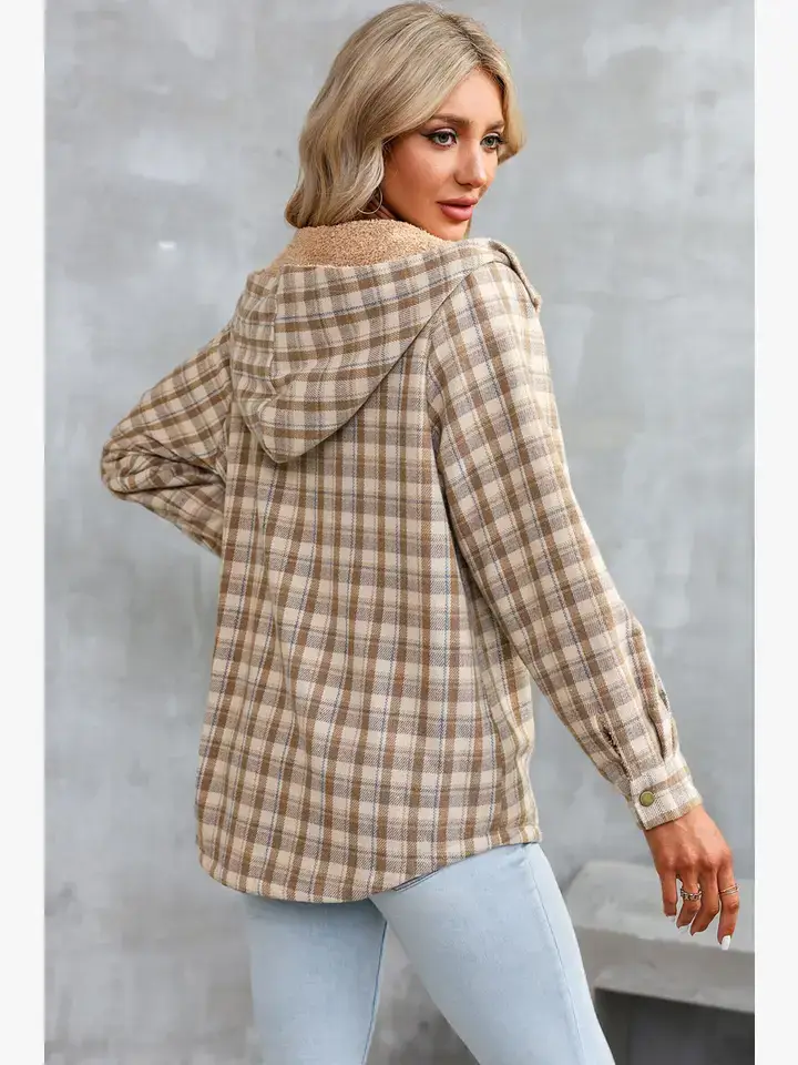 Khaki Plaid Hooded Shacket with Sherpa Lining for Fall for wholesale on Faire1
