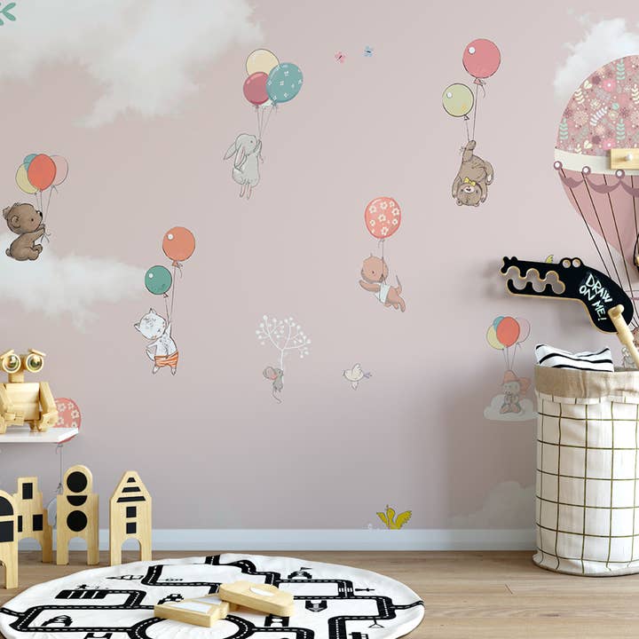 GK Home Decor - Wholesale Wallpaper - Cartoon Animals Hot Air Balloon Kids Wallpaper