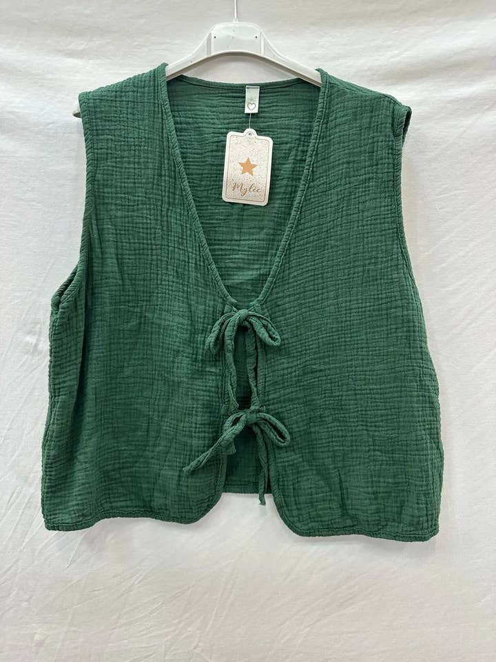 Mimi & Gogo - Wholesale Outerwear Vest - Women's - Cotton gauze tie-front top cardigan @59309_GANouer9