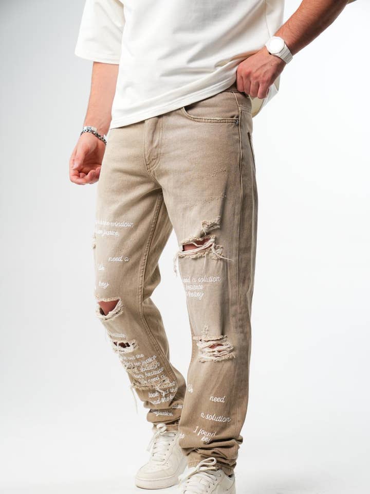 Baggy distressed ord denimjeans beige for engroshandel hos PremiumDenim