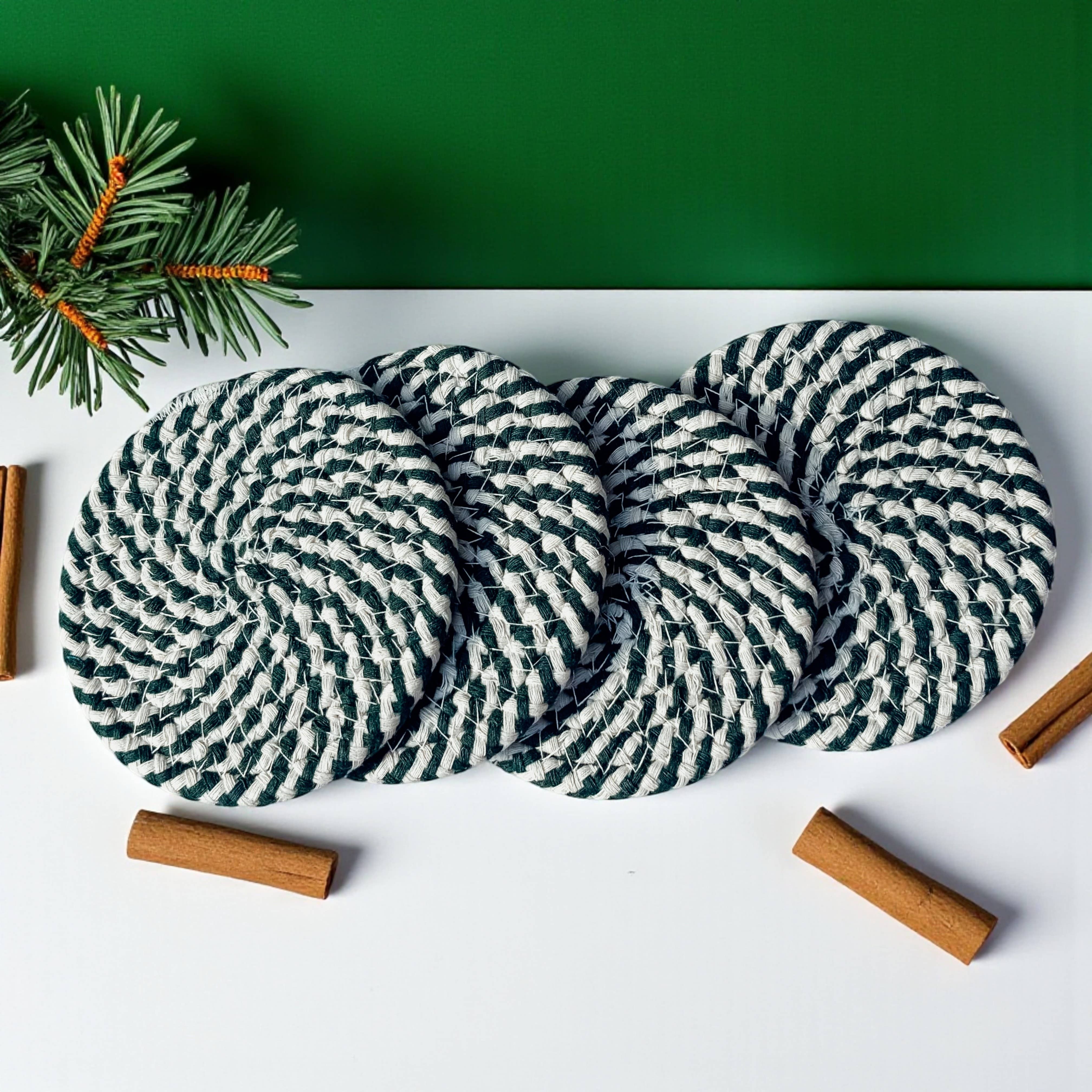 Gia Roma - Wholesale Coasters - Christmas Coasters, Red Candy Cane Braided Cotton Fabric Set43