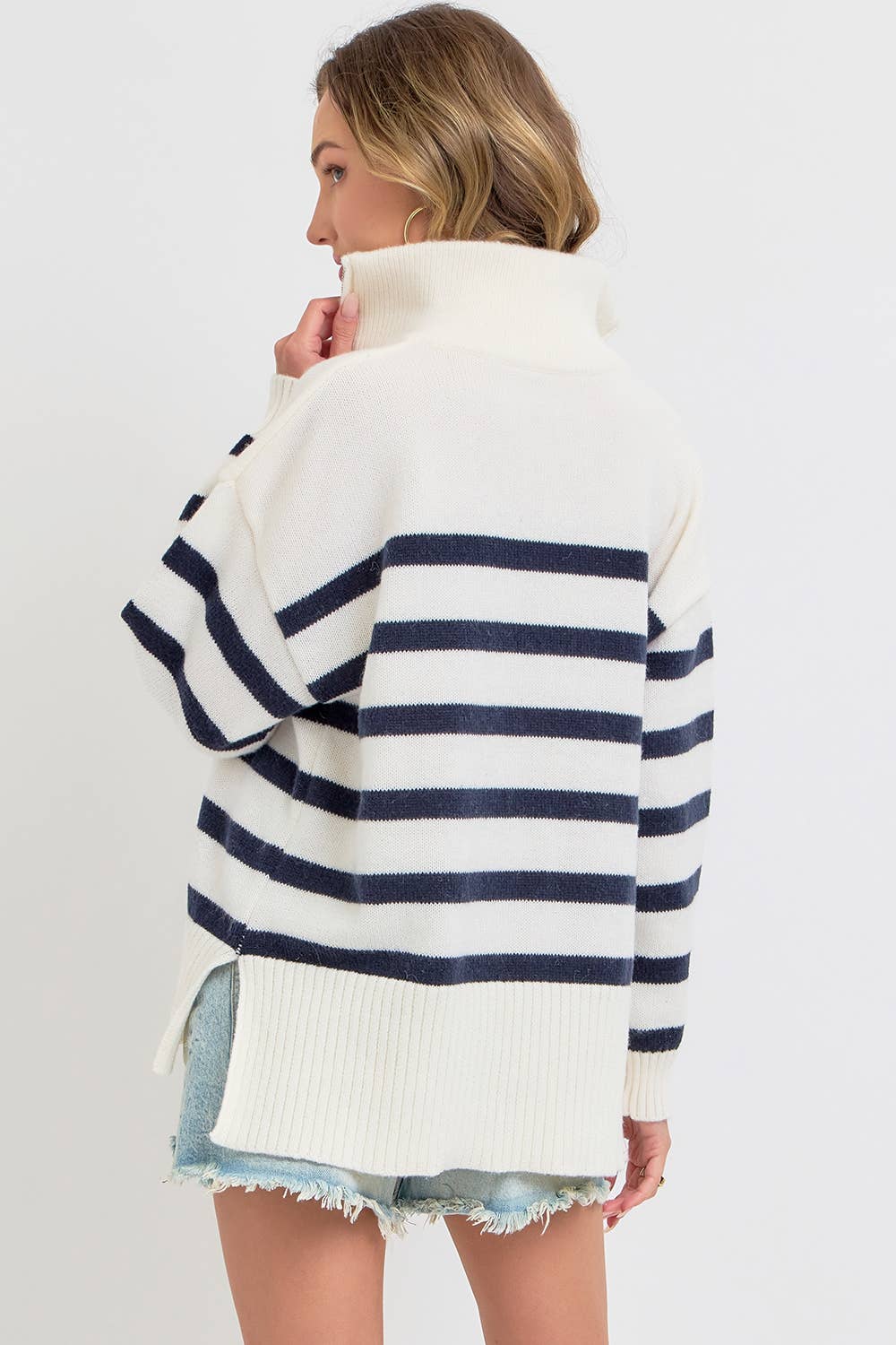 Sweet Lovely by Jen - Wholesale Knit Sweater - Women's - STRIPED ZIP-FRONT OVERSIZED PULLOVER KNIT SWEATER  2