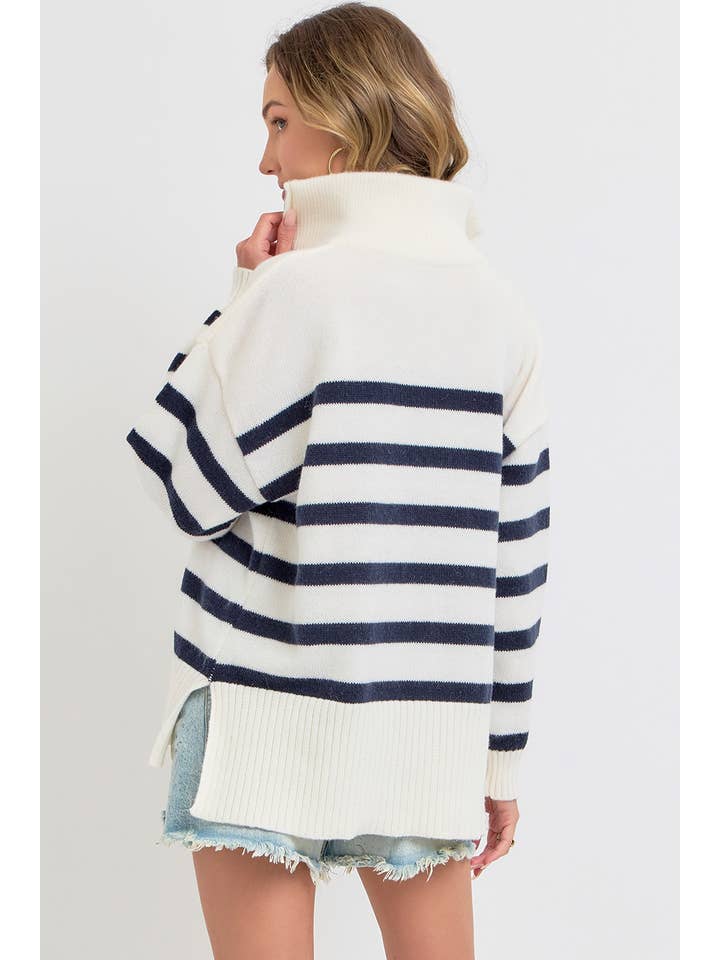 Sweet Lovely by Jen - Wholesale Knit Sweater - Women's - STRIPED ZIP-FRONT OVERSIZED PULLOVER KNIT SWEATER 2