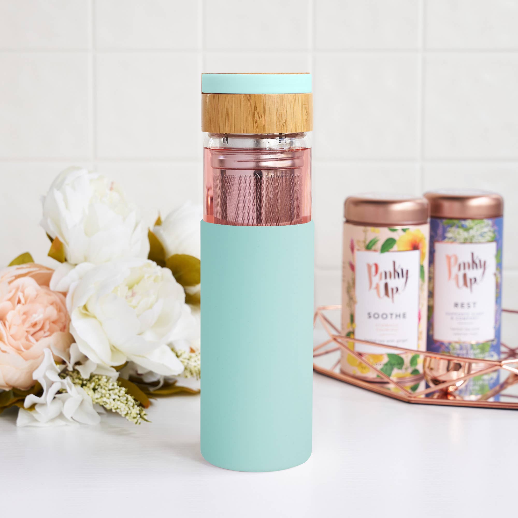 Pinky Up - Wholesale Insulated Mug/Tumbler - Dana™ Glass Travel Mug Infuser and Silicone Sleeve Turquoise3