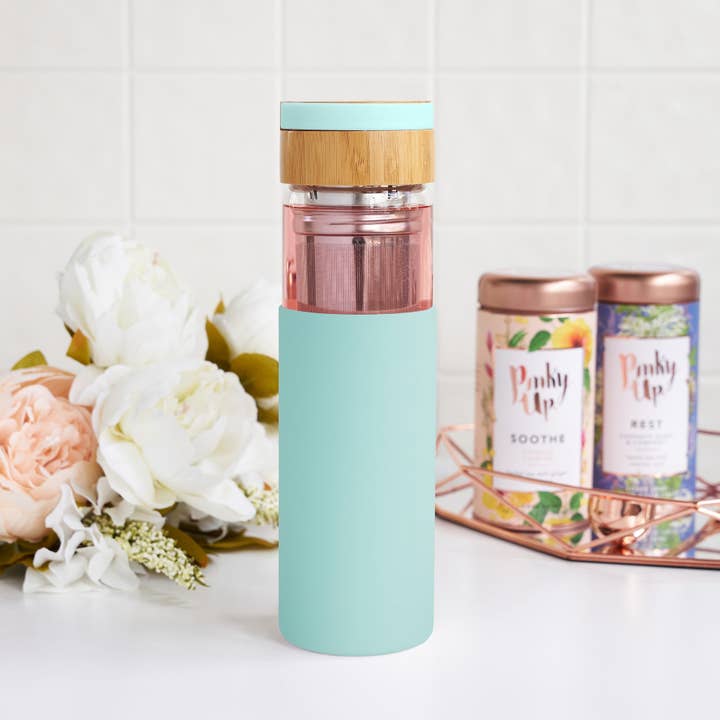 Pinky Up - Wholesale Insulated Mug/Tumbler - Dana™ Glass Travel Mug Infuser and Silicone Sleeve Turquoise3