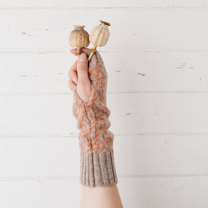 Scatter wrist warmers - cobble and orange soda for wholesale by Miss Knit Nat