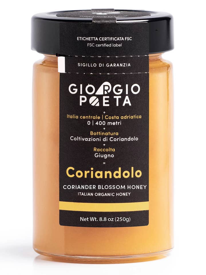 Giorgio Poeta Organic Coriander Blossom Honey-8.8 oz for wholesale by Golden West Specialty Foods