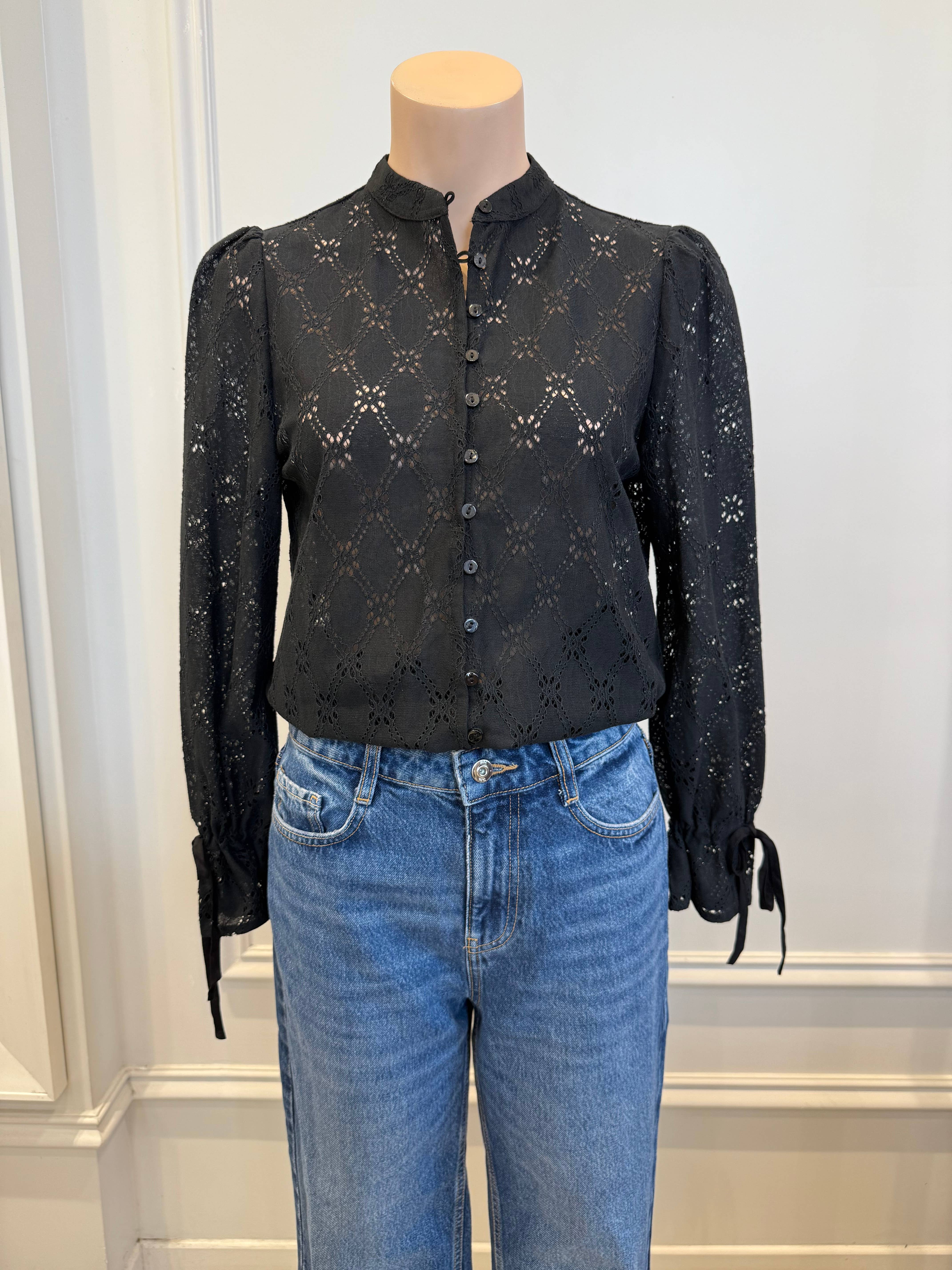 LOVIE & CO - Wholesale Button Down Shirt - Women's - Eyelet embroidery blouse with tied cuffs - 4962T-NORA5