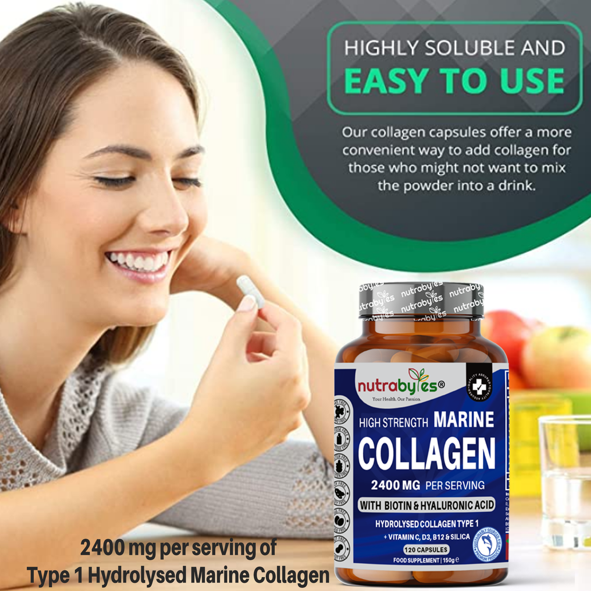 NUTRABYTES - Vendita all'ingrosso Vitamine/integratori orali - Integratore di Collagene Marino ad Alta Resistenza per donne e uomini (120 Capsule) | 2400 mg di Peptidi di Proteine di Collagene Marino Idrolizzato | Collagene Tipo 1 | Arricchito con Acido Ialuronico, Biotina, Silice, Vitamina C, D3, B6 e B12 | Prodotto nel Regno Unito7